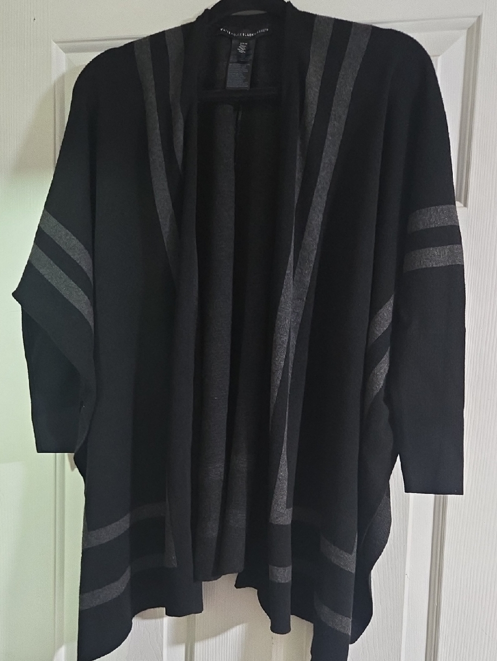 White House Black Market Black Open-Front Poncho Cardigan with Gray Stripes